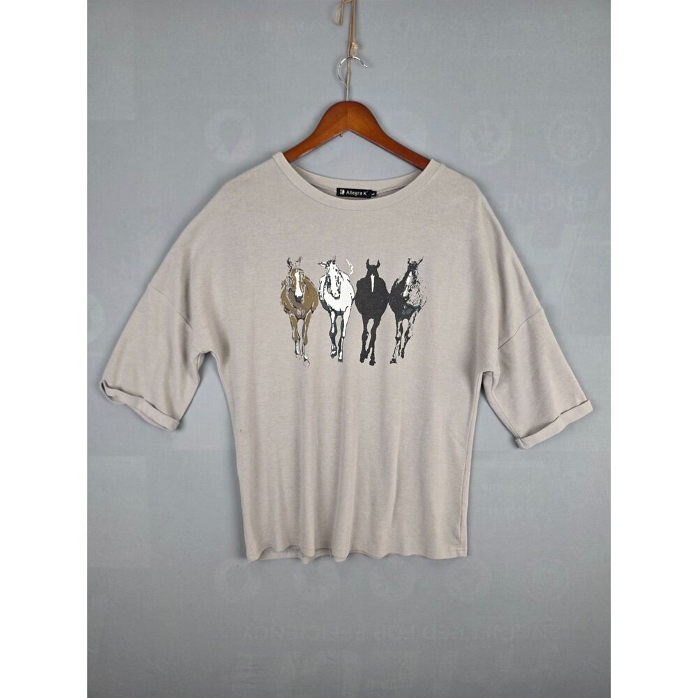 Four Horses Slouchy Shirt Large Graphic Print Equestrian Oversized